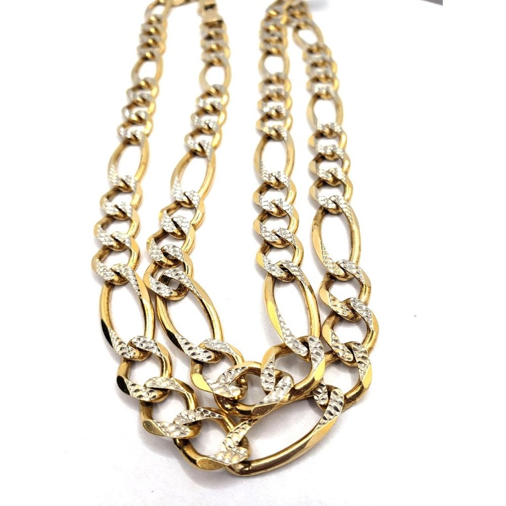 14K Yellow Gold Solid Men's ,Diamond Cut White Pave Figaro Chain